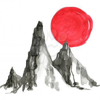 Mountains in Japanese painting style. Traditional Beautiful watercolor hand drawn illustration