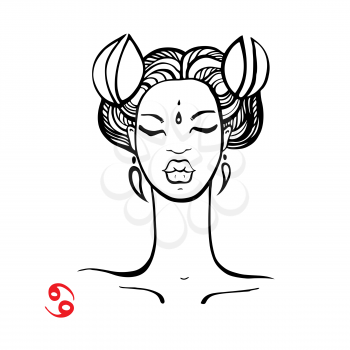 Cancer. Zodiac signs collection. Beautiful Ink fashion zodiac girl. Horoscope series. Vector illustration