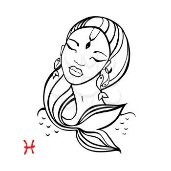 Pisces.. Zodiac signs collection. Beautiful Ink fashion zodiac girl. Horoscope series. Vector illustration