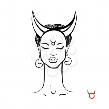 Taurus. Zodiac signs collection. Beautiful Ink fashion zodiac girl. Horoscope series. Vector illustration