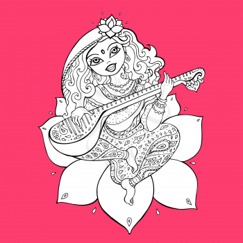 Hindu Goddess Saraswati. Vector hand drawn illustration.