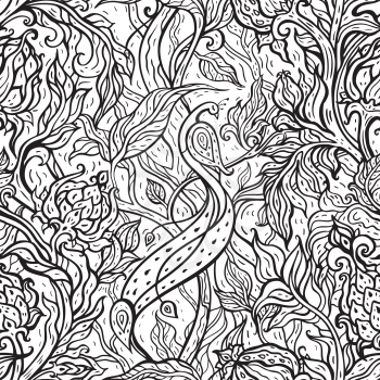 Seamless vector background with oriental pattern. Beautiful peacock. Exotic bird. Paisley flowers, hand drawn detailed illustration, Paradise Bird inmagic garden.