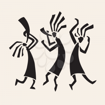 Stylized musicians Dancing figures. Primitive art. Vector illustration.