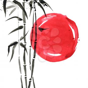 Bamboo in Japanese painting style. Traditional Beautiful watercolor hand drawn illustration
