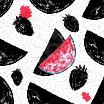 Exotic summer pattern. Slices of watermelon, Hand drawn food background