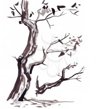 Tree branch in Japanese painting style. Traditional Beautiful watercolor hand drawn illustration