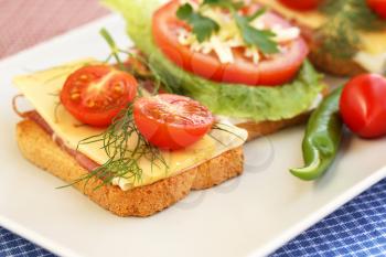 Sandwiches with bacon, cheese, cherry tomato and dillon plate.