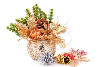 Christmas decoration in vase isolated on white background.