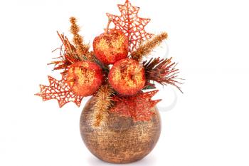 Christmas decoration in brown vase isolated on white background.