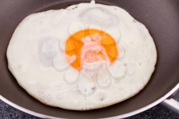 Fried egg on pan closeup picture.