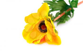 Yellow fabric flower isolated on white background.