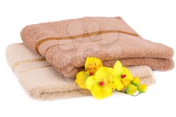 Folded towels and flowers isolated on white background.
