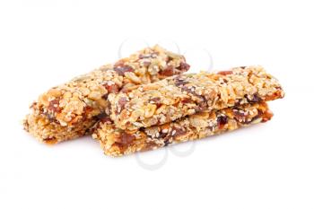 Cereal bars with different nuts and seeds isolated on white background.