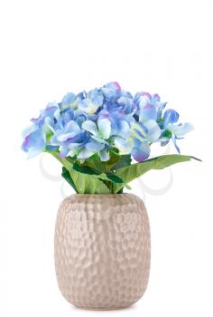 Blue fabric flowers in vase isolated on white background.