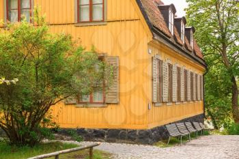 Traditional old house at Skansen, the first open-air museum and zoo, located on the island Djurgarden in Stockholm, Sweden.
