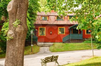 Traditional old house at Skansen, the first open-air museum and zoo, located on the island Djurgarden in Stockholm, Sweden.