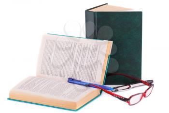 Books, eyeglasses and pen isolated on white background.