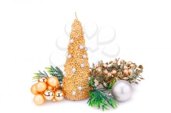 Christmas candles, balls and  fir tree branches  isolated on white background.