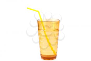 Plastic glass with water and straw isolated on white background.