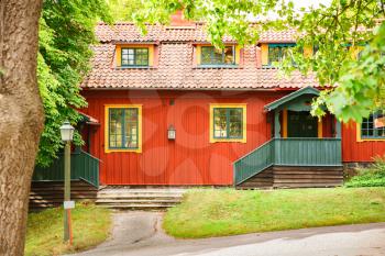 Traditional old house at Skansen, the first open-air museum and zoo, located on the island Djurgarden in Stockholm, Sweden. 