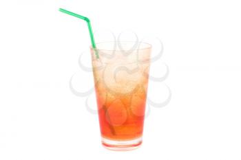 Plastic glass with water, ice cubes and straw isolated on white background.
