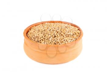 Wheat in the ceramic bowls isolated on white background.
