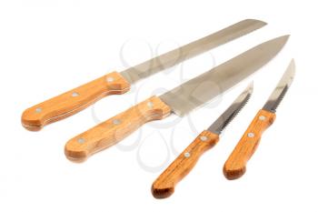 Four kitchen knives isolated on white background.