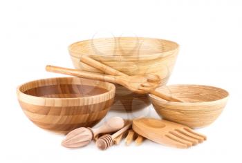 Empty bamboo bowls and wooden items  isolated on white background.