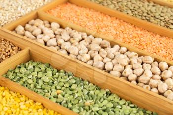 The collection of different groats, chickpeas, peas, wheat and lentils in the wooden box.