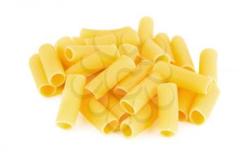 The heap of rigatoni pasta isolated on white background.