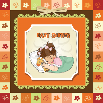 Royalty Free Clipart Image of a Shower Invitation With a Baby Girl and Stuffed Giraffe