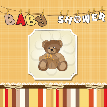 Royalty Free Clipart Image of a Bear on a Baby Shower Background