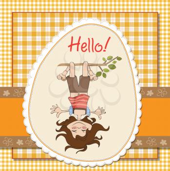 Royalty Free Clipart Image of a Girl Hanging Upside Down