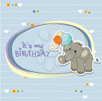 Royalty Free Clipart Image of a Birthday Invitation With an Elephant Holding Balloons