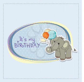 Royalty Free Clipart Image of an Elephant Holding Balloons on a Birthday Invitation