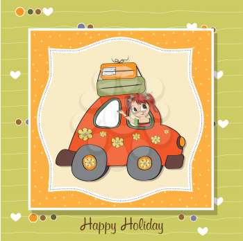Royalty Free Clipart Image of a Girl in a Car on a Happy Holiday Message