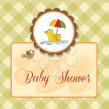 Royalty Free Clipart Image of a Baby Shower Invitation With a Duck Holding an Umbrella