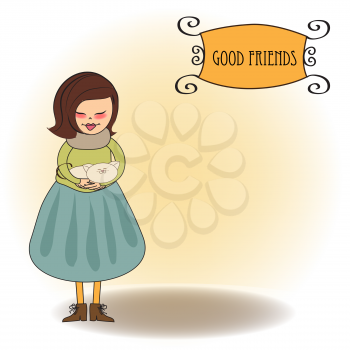 Royalty Free Clipart Image of a Little Girl Holding a Cat on a Good Friends Card