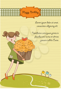 Royalty Free Clipart Image of a Birthday Card With a Girl Holding a Large Cupcake