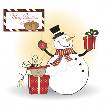 Royalty Free Clipart Image of a Christmas Greeting With a Snowman and a Cat in a Gift Box