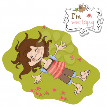 Royalty Free Clipart Image of a Happy Girl Lying on the Lawn