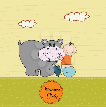 Royalty Free Clipart Image of a New Baby Beside a Hippo