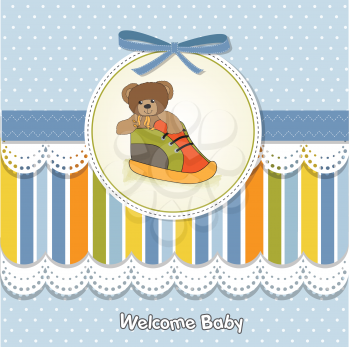 Royalty Free Clipart Image of a Baby Card With a Bear in a Shoe