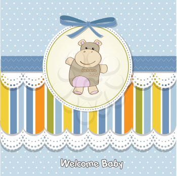Royalty Free Clipart Image of a Hippo on a Baby Card