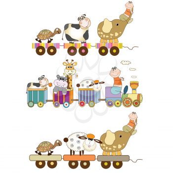Royalty Free Clipart Image of Toy Trains With Animals