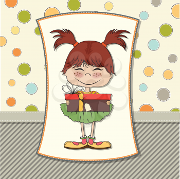 Royalty Free Clipart Image of a Little Girl Holding a Birthday Gift