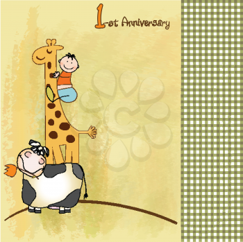 Royalty Free Clipart Image of a First Anniversary Card With a Child Riding a Giraffe Beside a Cow