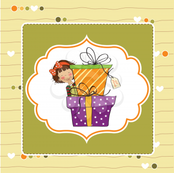 Royalty Free Clipart Image of a Little Girl Behind Gifts