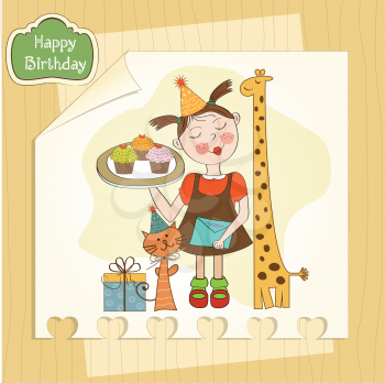 Happy Birthday card with funny girl, animals and cupcakes, vector illustration