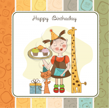 Happy Birthday card with funny girl, animals and cupcakes, vector illustration